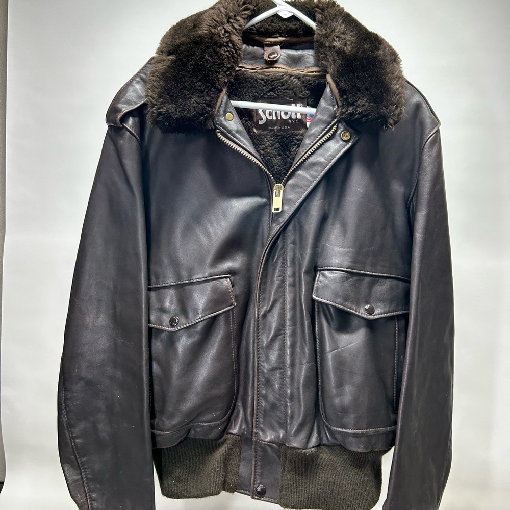 Vintage Schott 184SM A2 Brown Leather Flight Bomber 44  - w/fur collar and liner
